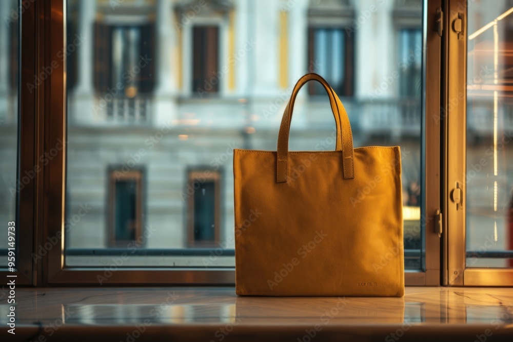 Poster A yellow bag sits on a counter in front of a window, with a view of the outside environment