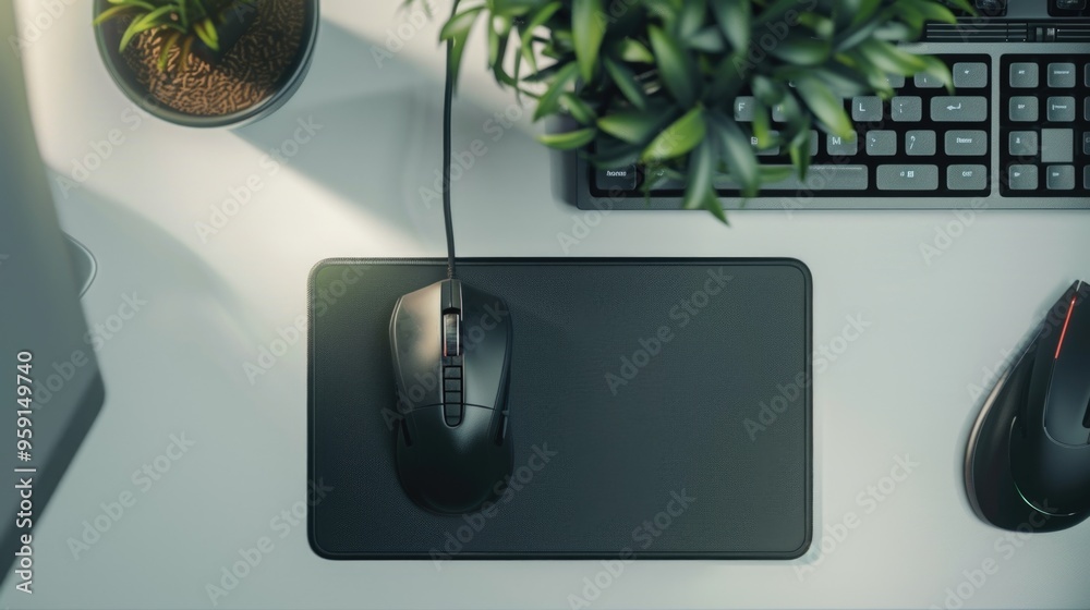 Poster a computer mouse sitting on a white mouse pad, ready for use