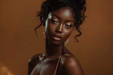 A beautiful young woman with dark skin posing for a picture