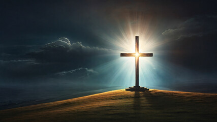 Naklejka premium Cross lighting up the night on top of a mountain