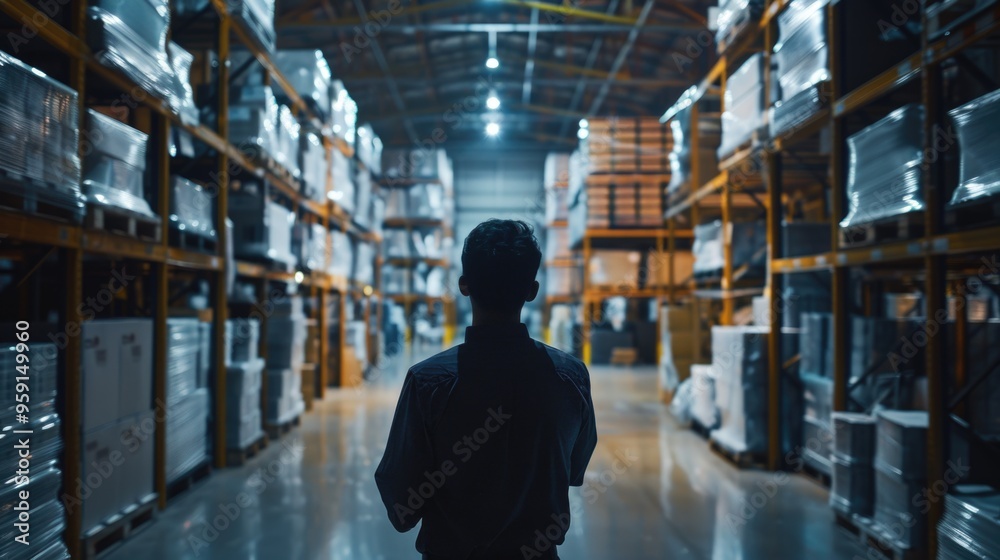 Poster A person examining storage racks in a large industrial space, possibly searching for specific items or inventory