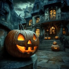 Obraz premium Stunning Halloween night at a spooky mansion with glowing pumpkins