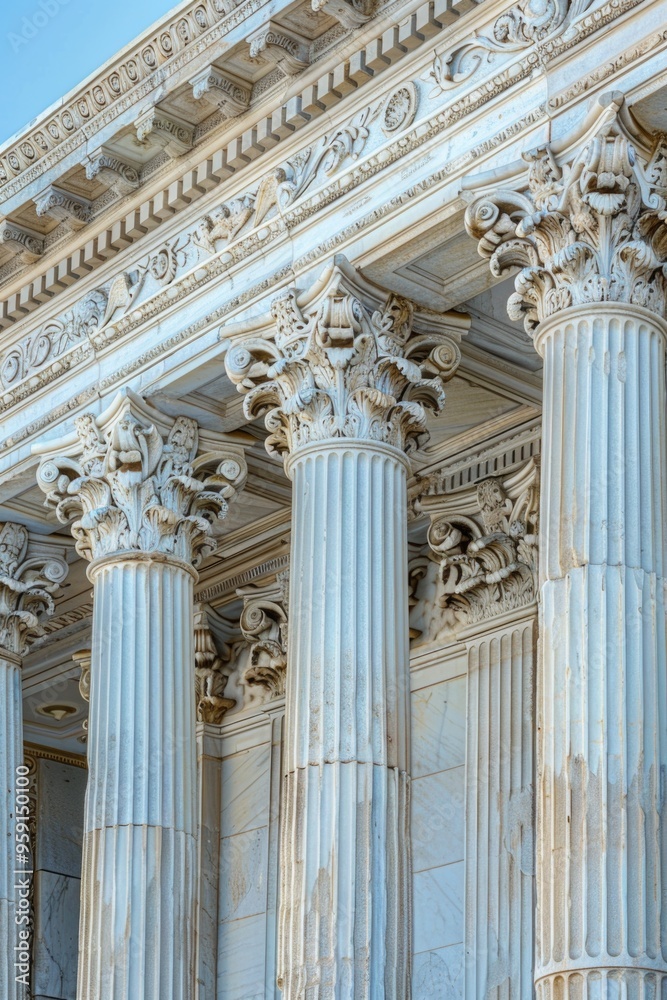 Poster A close-up shot of a building featuring ornate columns and a clock, perfect for use in architectural or design-related contexts