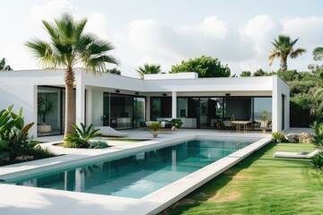 Fototapeta premium A serene outdoor setting featuring a pool surrounded by lush greenery