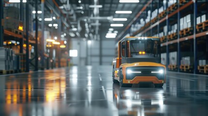 Fototapeta premium A forklift truck moves through a large warehouse, transporting goods and supplies