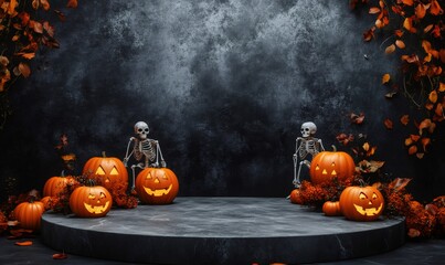 Halloween scene with Jack-o-Lantern pumpkins, skeletons and a black marble podium.