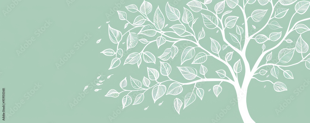 Canvas Prints a simple white line drawing on a mint green background of a tree with lush leaves. the soft color em