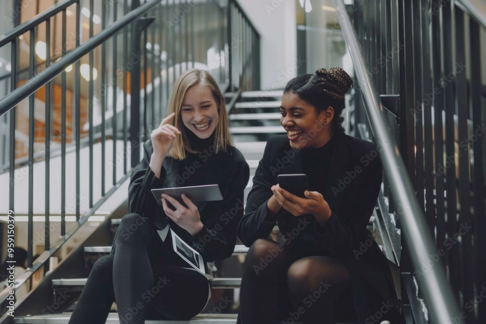 Canvas Prints Two women sit on stairs, gazing at their mobile devices