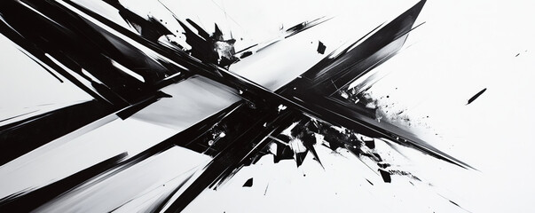 A bold abstract design with a high-contrast black-and-white color scheme. The design features sharp, angular forms and a sense of dynamic movement, creating a striking visual effect.