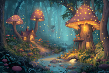 A cartoon landscape of an enchanted forest with giant mushrooms, glowing plants, and sparkling streams. A whimsical treehouse can be seen nestled among the trees, with soft light filtering through the