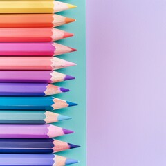 Fototapeta premium Many colorful pastel pencils on color background, drawing supplies banner, children paint, drawing school