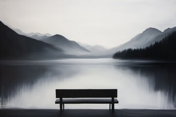 Oil painting depicting a serene lake with an empty bench at dawn featuring blurred mountain silhouettes in the background presented in black and white