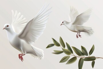Obraz premium Peace dove icon, pigeons, twigs 3d realistic collection. Flying birds silhouettes on white