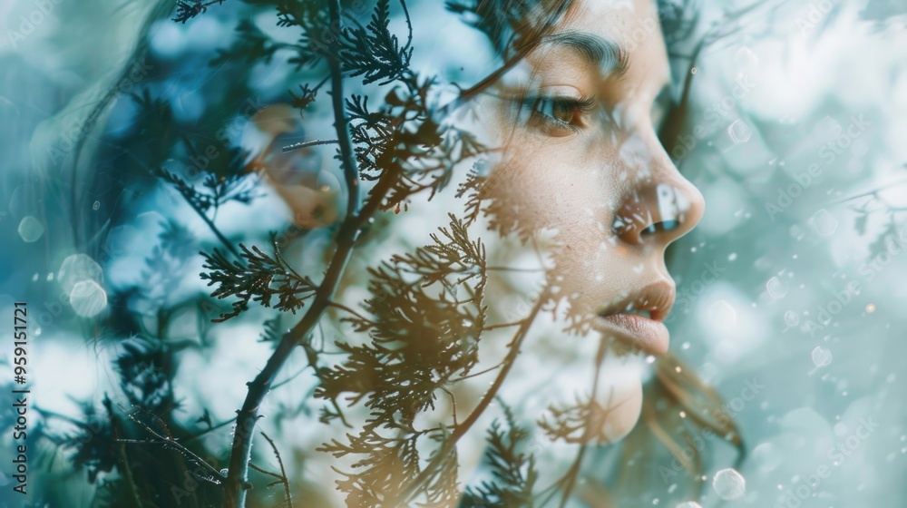 Poster a woman peering through a tree branch, possibly searching or observing something