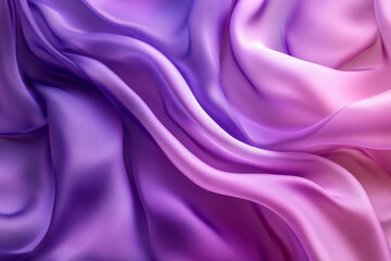 Obraz premium A dramatic abstract background featuring 3D silk fabric waves in gradient tones of rich purple to light lilac. The fabric adds a luxurious, striking quality to the scene.