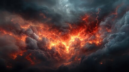 A dark, stormy sky filled with glowing fiery red-orange clouds, resembling a fierce battle between fire and clouds, creating a powerful and captivating visual display.