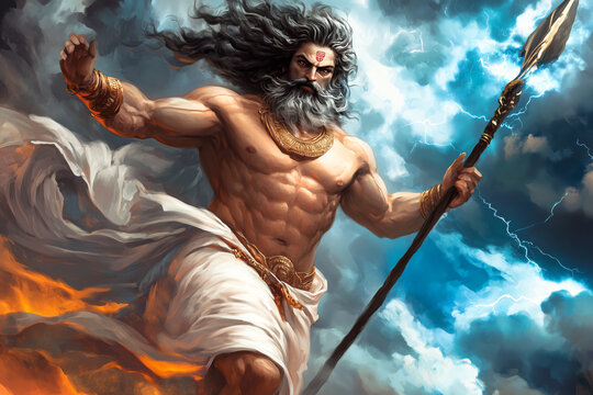 Vayu the Hindu God of Wind in Stormy Skies.  Digital Illustration of a Hindu god. 