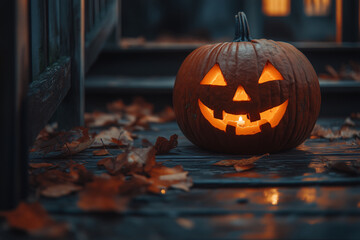Glowing Jack-O'-Lantern on Porch with Autumn Leaves
