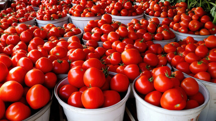 A large number of buckets filled with tomatoes are sitting on a table, AI