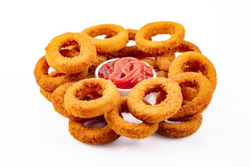 Fried onion rings with mozzarella or plain. Delicious onion rings on white background