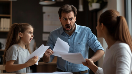 Fototapeta premium Father shouts at his family, holding papers, in a tense scene hinting at financial stress and conflict
