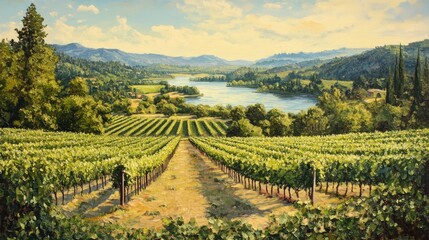 Oil painting depicting a vineyard in a river valley showcasing lush grape fields and serene waterway scenery