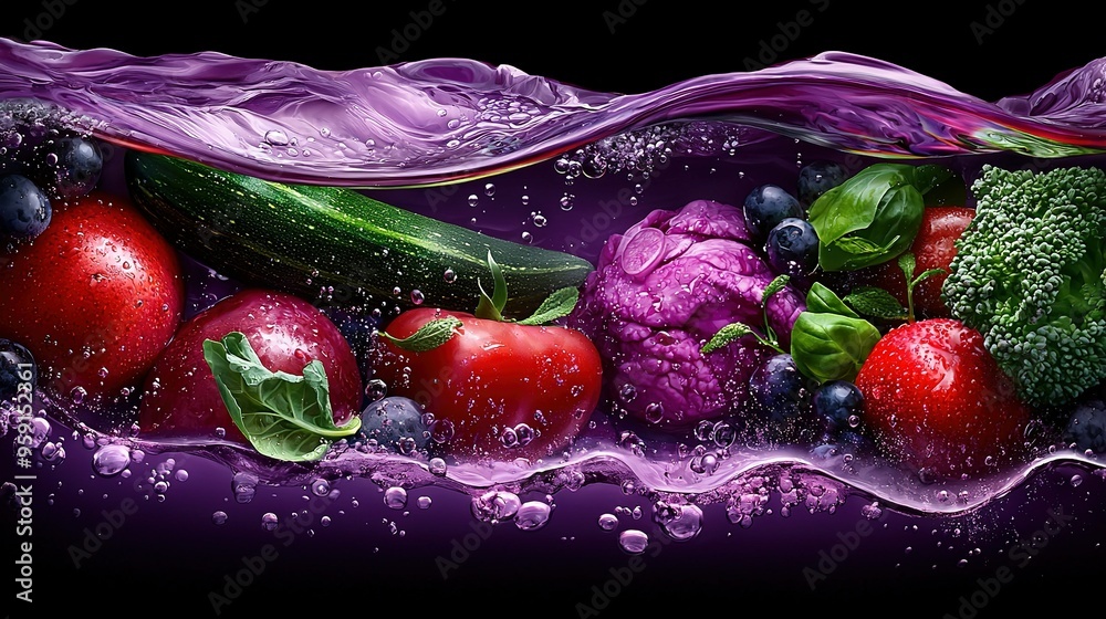 Wall mural blueberries, broccoli, and red cabbage are depicted in a painting with water splashing on top and bo