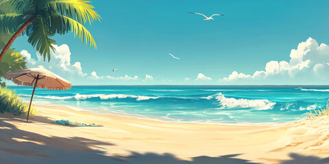 Obraz premium A serene cartoon backdrop of a sandy beach with gentle waves rolling in, a few palm trees, and a clear blue sky. Seagulls fly in the distance, and a beach umbrella and towel are set up near the shore.