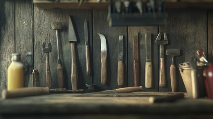 Antique carpenter's tools are neatly arranged on a rustic wooden surface