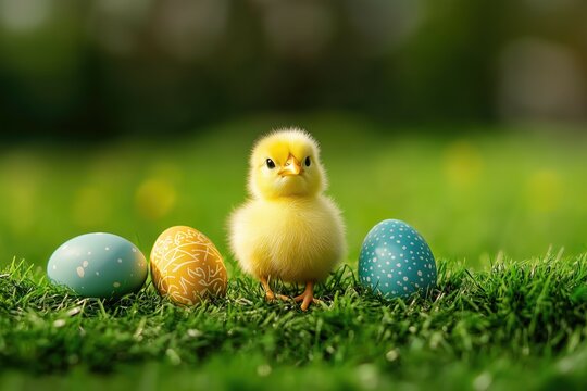 Yellow little chick on a bright green grass lawn with three colorful painted easter eggs