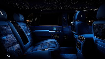   The interior of a vehicle features blue leather seats, a black ceiling adorned with stars above and below, creating a mesmerizing night sky effect