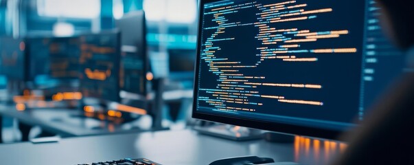 Framework development session, digital coding tools, futuristic tech office