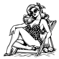 vintage pin up girl relaxing on a beach in line art style black and white vector