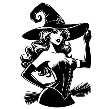 black witch holding hat, elegant pose
