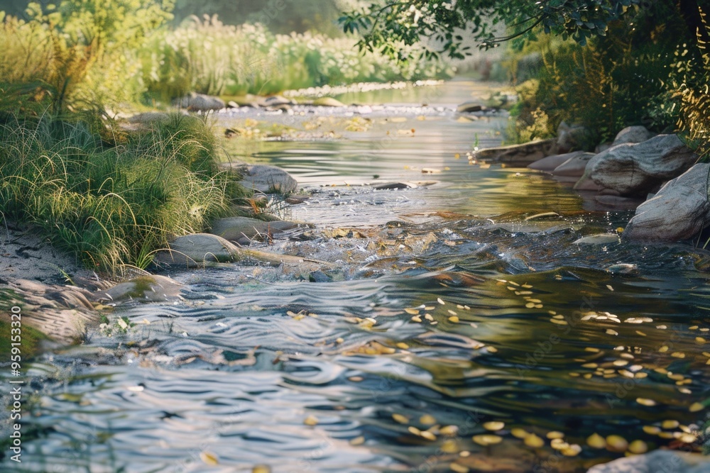 Poster a serene river flows gently through the middle of a lush green forest, surrounded by tall trees and 