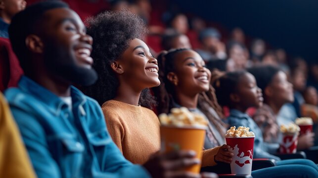 Audience enjoying a movie in cinema with snacks, happy. - Powered by Adobe