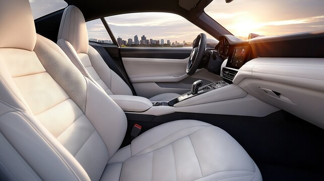  The sun shines brightly into the car through the windshield, casting warm light onto the dashboard and illuminating the driver's face At the same time, the city