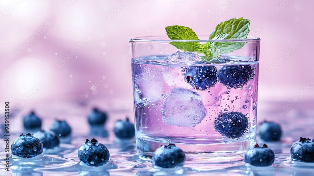 Wall mural   A close-up of a blueberry-filled glass of water with fresh mint on a nearby blueberry-laden table