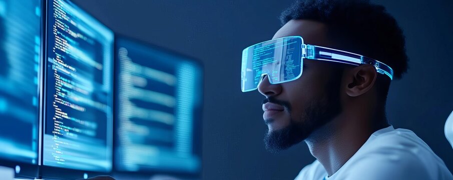 Holographic framework optimization, coder with virtual screens, sleek modern setup