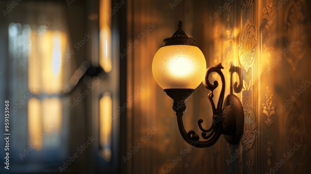 Poster a simple lamp mounted on the side of a wall, providing soft lighting