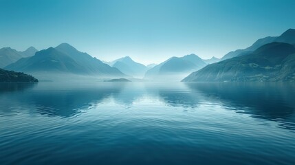Calm Blue Lake with Mountains and Sky Background