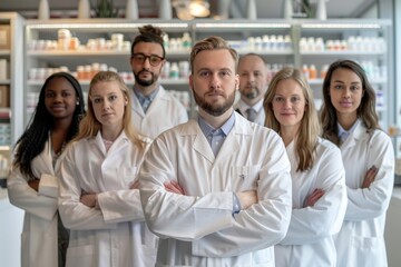 Healthcare professionals in a pharmacy, posing for a group photo