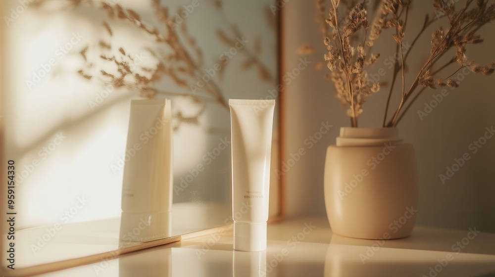 Poster a tube of cream is placed elegantly on a surface, reflecting in a nearby mirror while gentle shadows