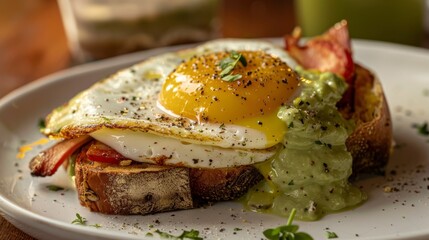 Close up of croque madame sandwich with golden egg and creamy avocado sauce on white plate