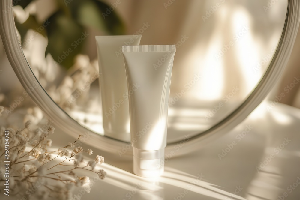 Aufkleber a tube of cream stands in front of a circular mirror, casting a gentle reflection amidst a softly li
