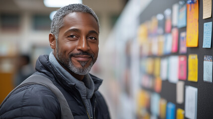 A teacher reviewing a lesson schedule on the school board, surrounded by educational posters and study cards.