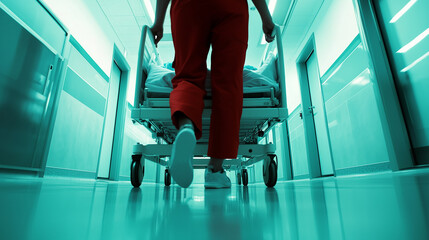 Nurse is guiding a patient in a hospital bed through the hospital hallway