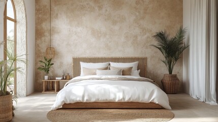 Minimalist bedroom with beige stucco wall and natural decor for a serene atmosphere