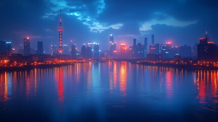 Naklejka premium Vibrant city skyline at dusk reflecting colorful lights on the river, showcasing modern architecture in Shanghai, China