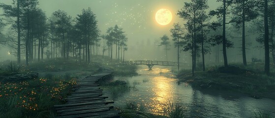 A peaceful, moonlit forest with tall, ancient trees covered in soft moss